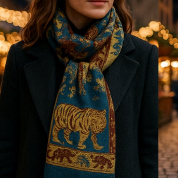 Vintage Wildlife Jacquard Pashmina-Style Shawl – Tigers, Elephants & Birds – Rev - Picture 4 of 16